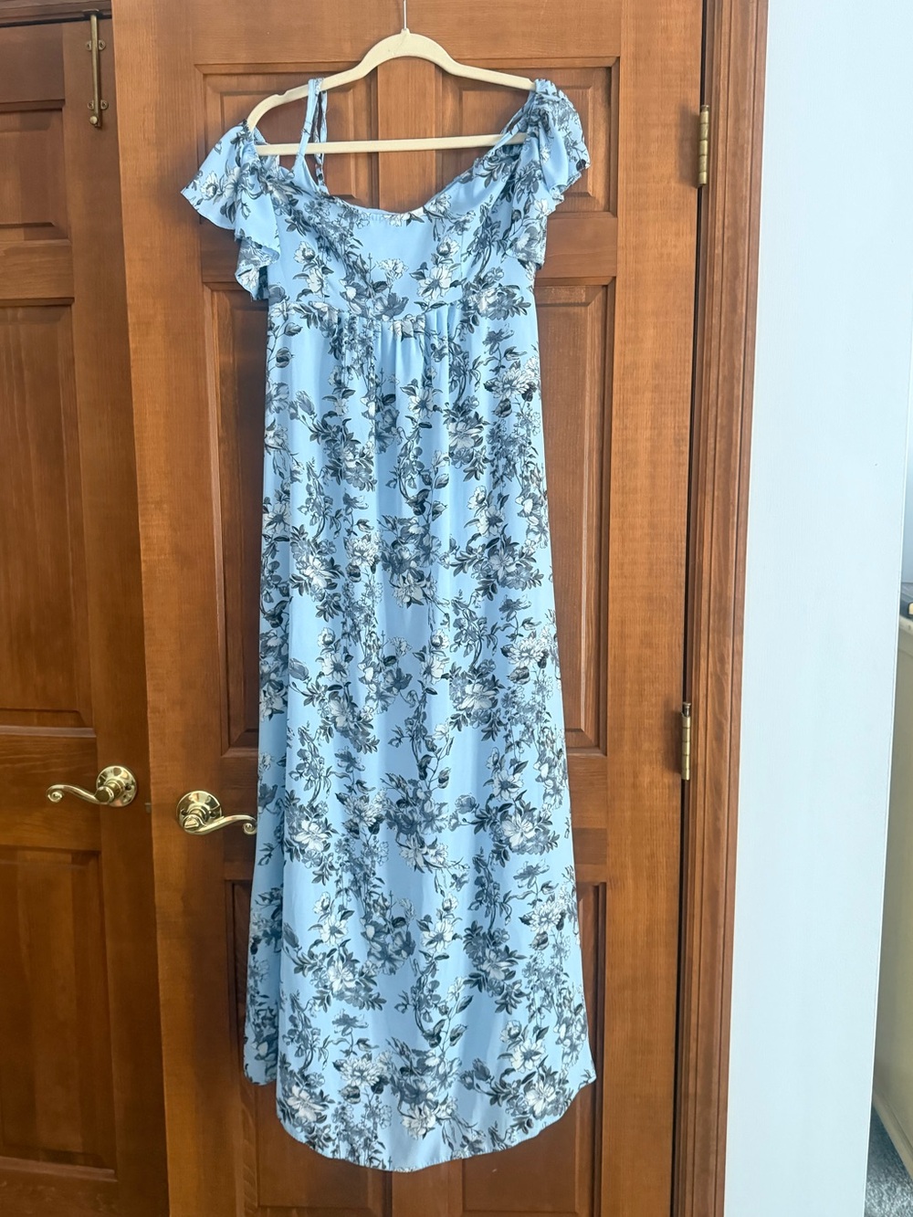 ASOS Maternity Powder Blue Floral Ruffle Off-Shoulder Maxi Dress